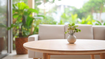 modern minimalistic living room with sofa and table in front of sofa against blurred backgroundの素材
