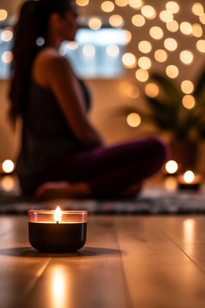 Woman sitting on the floor and meditating. Floor is fool of candles, enjoy meditation, do yoga exercise at home. Mental health, self care, No stress, healthy habit, mindfulness lifestyle, anxiety relief conceptの素材