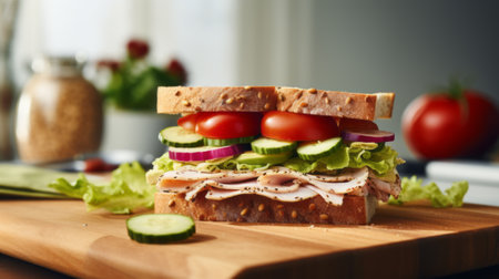 turkey sandwich with modern kitchen background close upの素材