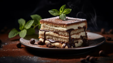 Composition with tiramisu cake decorated with mint leaves on table against dark background, Traditional italian dessertの素材