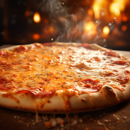 Pepperoni pizza close to charcoal oven on black background. Food and delivery concept. Menuの素材