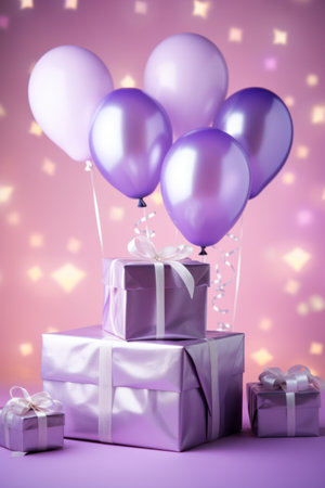 Purple gift boxes with ribbons and balloons on purple background. Birthday decorations, valentines day concept. Festive romantic background.の素材