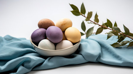 Composition with beautiful pastel colored Easter eggs, spring plant leaves and cloth on grey background bannerの素材