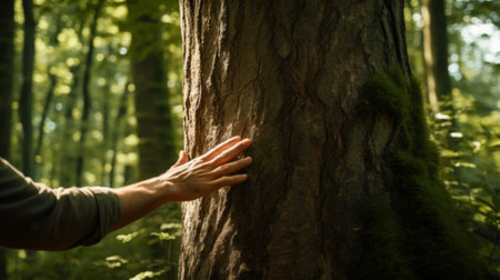 Man hand touch the tree trunk close-up. Bark wood.Caring for the environment. The ecology the concept of saving the world and love nature by human.の素材