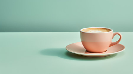 Cup of coffee on a colorful background. top view with copy space. morning concept. bannerの素材