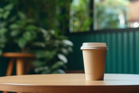 Coffee cup on wooden table in a coffee shop, mock-up photoの素材