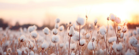Abstract soft focus sunset field. Landscape of white flowers blur grass meadow warm golden hour sunset sunrise time. Tranquil spring summer nature closeup bokeh forest background banner headerの素材