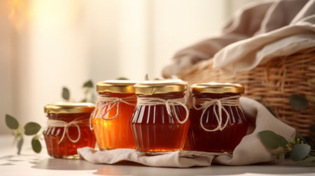 A variety of homemade jams in glass jarsの素材