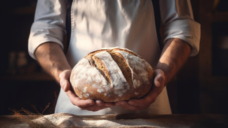A man baker in a gray apron stands against a dark background and holds crispy breadの素材