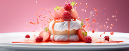 Colorful and unusual dessert on a plate with splashes and edible flowers close upの素材