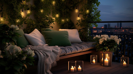 Simple patio furniture and string lights surrounded by greeneryの素材