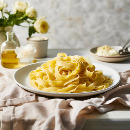 White plate of italian pasta on a kitchen table close upの素材