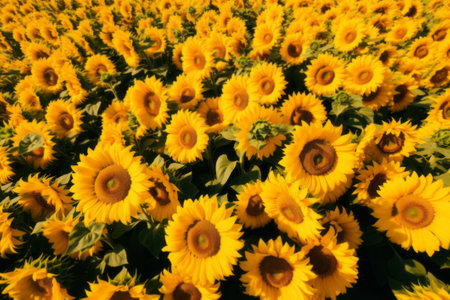 Beautiful panoramic view of a field of sunflowers in the light of the setting sun. Yellow sunflower close up. Beautiful summer landscape with sunset and flowering meadow Rich harvest Concept.の素材