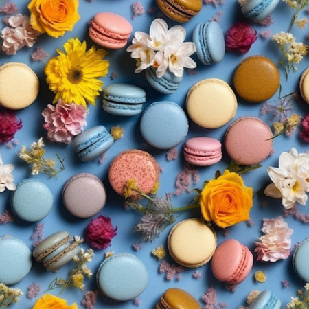 Colorful French Dessert Macaroons and flowers flat layの素材