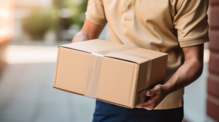 Delivery man delivering holding parcel box to customer close upの素材