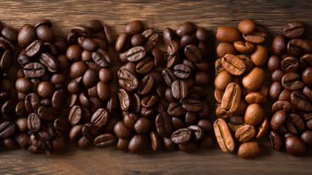 Different types of coffee beans on wooden table close upの素材