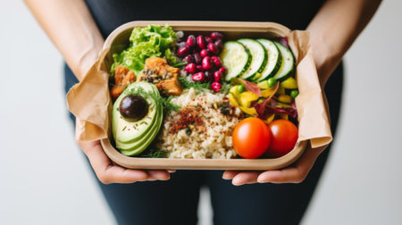 A lifestyle shot of a woman holding container filled with nutritious and portioned meal, Healthy food to go or delivery conceptの素材