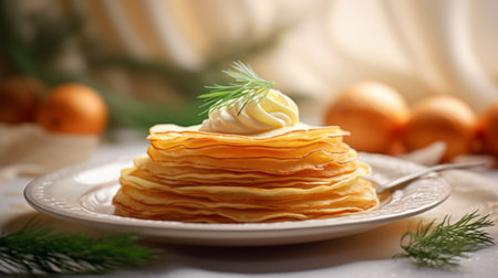 Pancakes with sour cream and dill, traditional Russian pancakes - bliniの素材