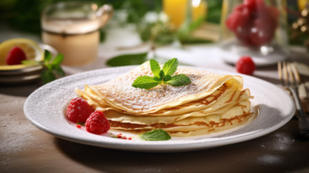 Delicious stack of pancakes with fresh berries and mint, selective focusの素材