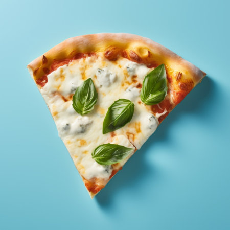 Slice of Italian pizza with tomatoes, mozzarella and basil on blue background close upの素材