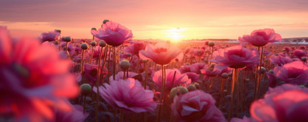 field of big flowers close up, monochromatic colors, sunset bannerの素材