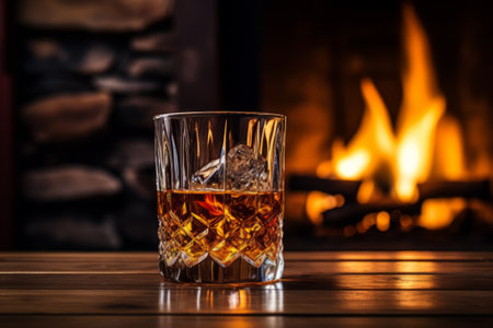 whiskey with ice on the background of the fireplace. Cozy relaxed atmosphere by the fireの素材