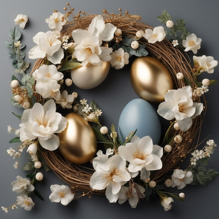Beautiful Easter wreath with golden Easter eggs. Top view, Easter conceptの素材