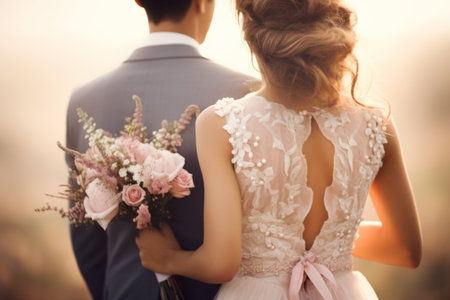 Groom and bride outdoors. closeup of a married couple back view, wedding conceptの素材