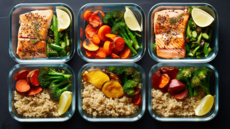 Healthy food in glass containers, top view flat layの素材