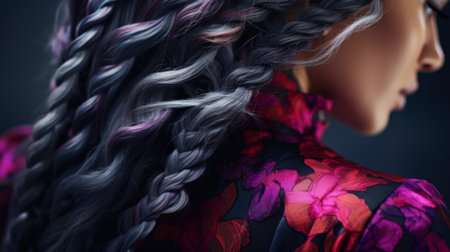 Beautiful woman with multi-colored hair, artistic banner. Concept of beauty, art, fashion, hair style and professional coloringの素材