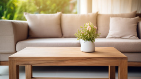 modern minimalistic living room with sofa and table in front of sofa against blurred backgroundの素材