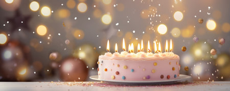 Birthday party decorated cake with candles and sparklesの素材