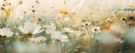 Border of white cosmos flower in cosmos field in garden with blurry background soft sunlight for horizontal floral poster. Close up flowers blooming on softness style in spring summer under sunriseの素材