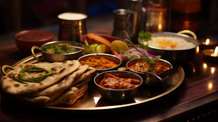 Assorted indian food on restaurant table. Indian cuisine close upの素材