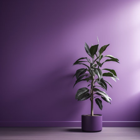 purple wall background with shadow on wall with blur indoor green plant foreground. panoramic banner mockup for display of product.eco friendlyの素材