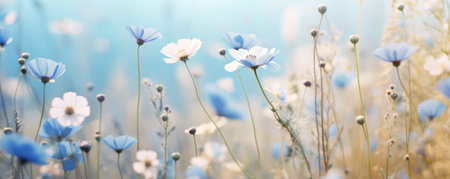 Border of white cosmos flower in cosmos field in garden with blurry background soft sunlight for horizontal floral poster. Close up flowers blooming on softness style in spring summer under sunriseの素材