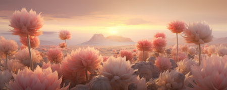 field of big flowers close up, monochromatic colors, sunset bannerの素材