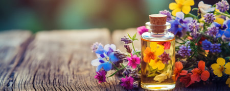 essential oils and medical wild flowers banner, copy spaceの素材