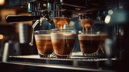 Modern coffee machine with glass cup of latteの素材