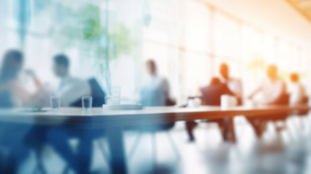People meeting at table.. Abstract blurred office interior space background. Discussion, planning and business people in the office brainstorming for a corporate project in collaboration.の素材