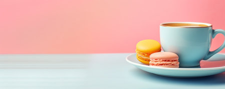 Macaroons cakes and cup of coffee creative layout on colorful background. Valentine day concept. Banner copy spaceの素材