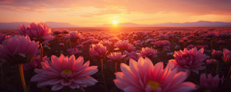 field of big flowers close up, monochromatic colors, sunset banner