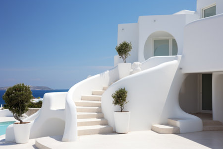 Exterior of a white mediterranean-style house with a blue door and a windowの素材
