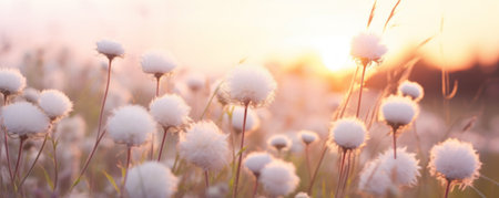 Abstract soft focus sunset field. Landscape of white flowers blur grass meadow warm golden hour sunset sunrise time. Tranquil spring summer nature closeup bokeh forest background banner headerの素材