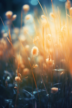 Abstract soft focus close up field of grass meadow warm golden hour sunset sunrise time. Tranquil spring summer nature closeup. Idyllic natureの素材