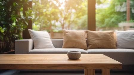 modern minimalistic living room with sofa and table in front of sofa against blurred backgroundの素材