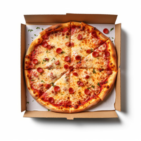 Italian pizza with pepperoni in the box. Top view flat layの素材