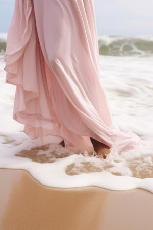 A woman walking on the beach with a lace dress, summer holiday conceptの素材