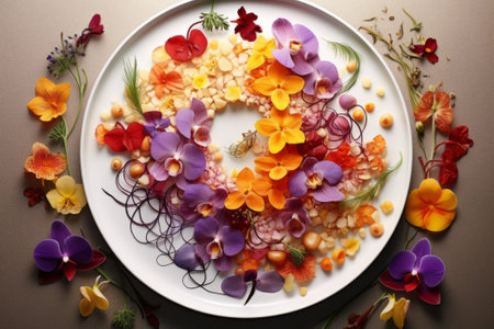 Creative arrangement with colorful edible flowers. Flat lay. Minimal summer food, fine dining, vegan food concept.の素材