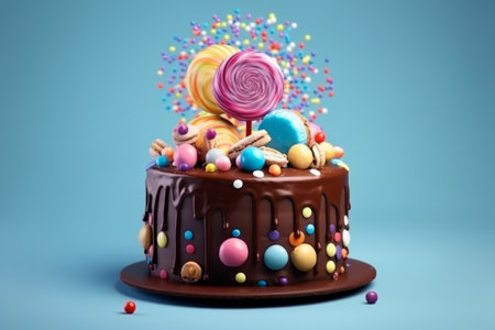Chocolate birthday cake with candles on blue backgroundの素材
